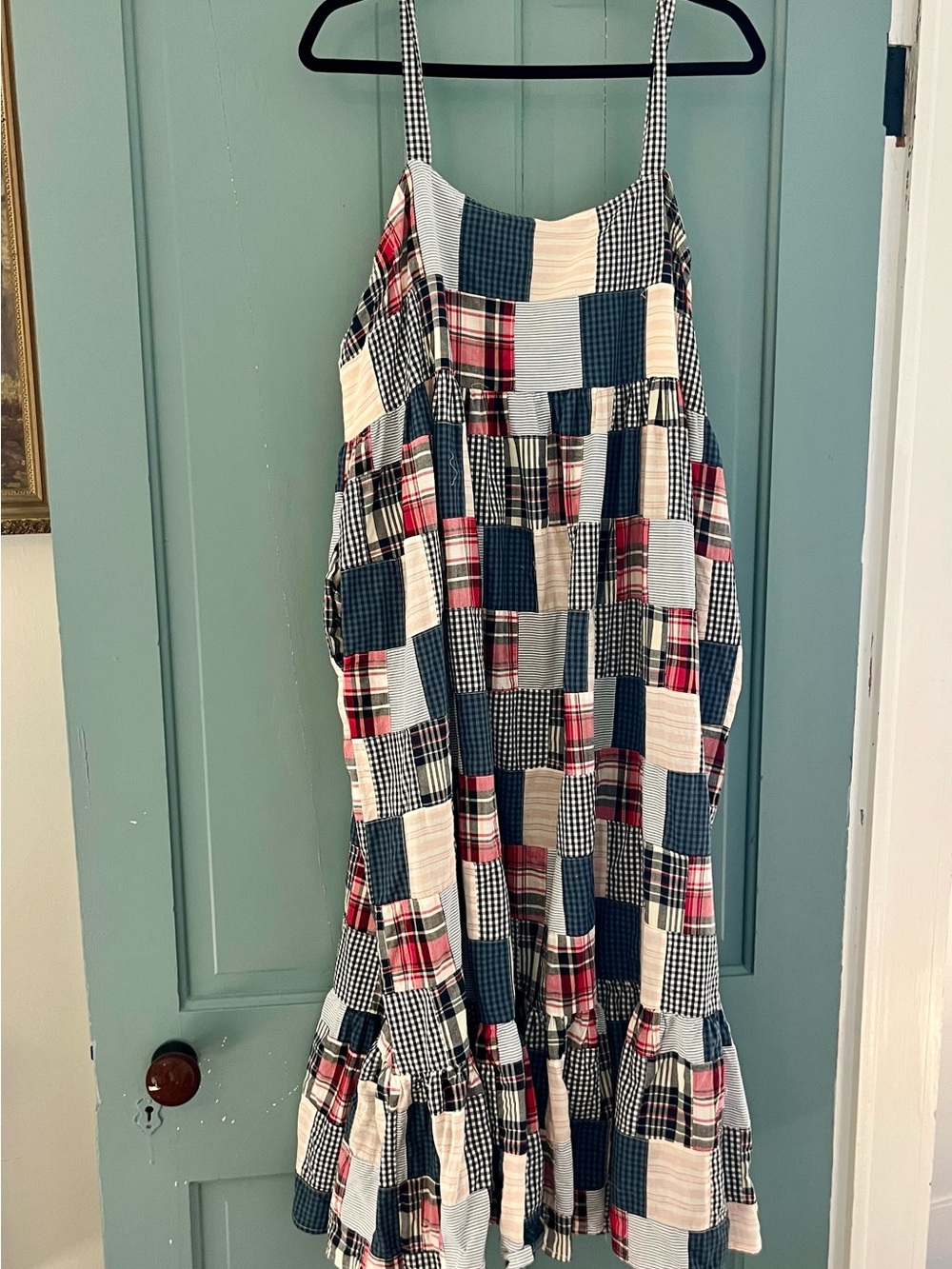 Patchwork Plaid Maxi Dress with Ruffled Hem - Navy, Red & Cream